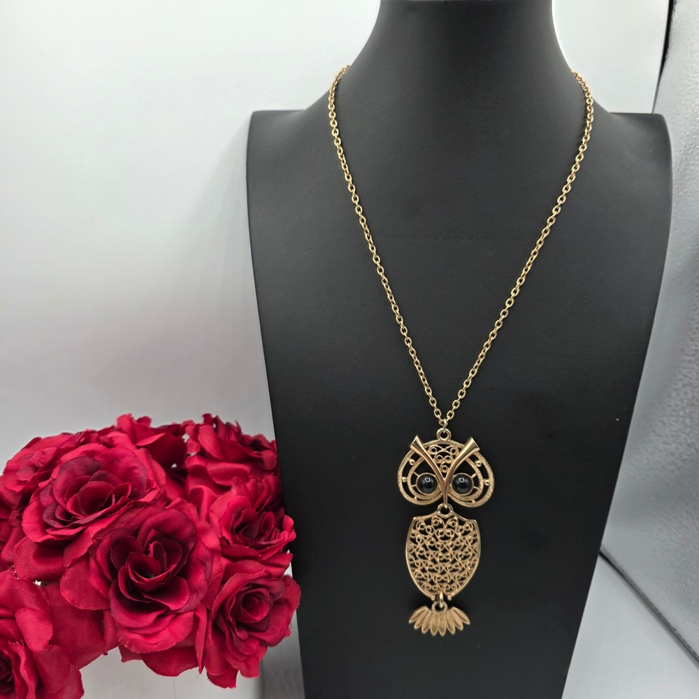 Vintage Coventry Articulated Owl Pendant Necklace Gold Tone Filigree Black Eyes